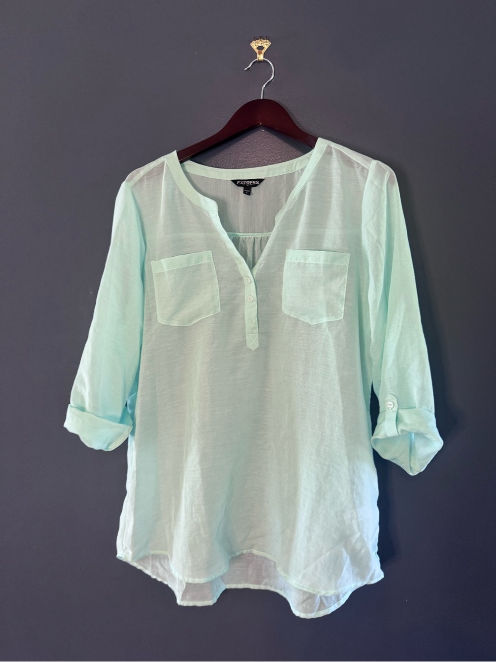 Express Women's Sea foam Mint Green Split-Neck Sheer Lightweight Blouse Loose Lg